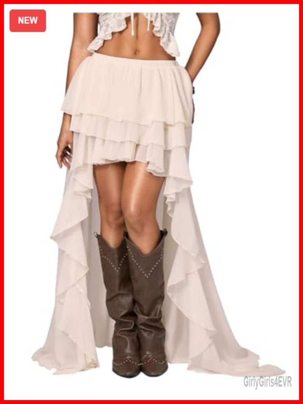 Boho Chiffon Ruffle Maxi Skirt Elastic Drop Waist Asymmetrical